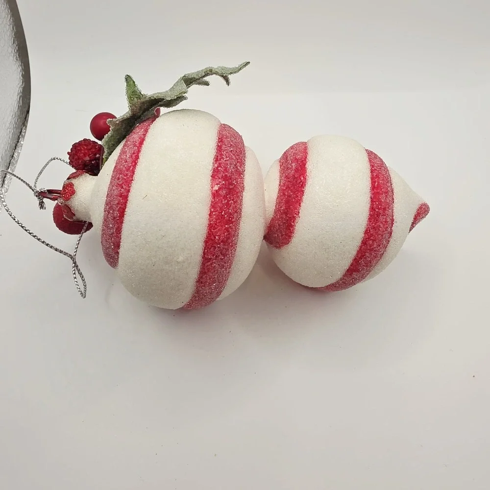 2 pc Red & White Peppermint Striped Shatterproof Sugared Teardrop Xmas Ornaments